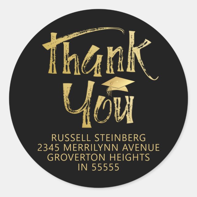 Pegatina Redonda Graduación Gracias Faux Gold Brushkes Cap (Anverso)