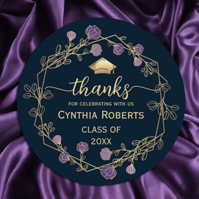 Pegatina Redonda Graduación Gracias Floral De Oro Azul Marina ("Golden gratitude blooms! 🎓✨ Our round frame purple and gold flower thank you stickers #glamour )