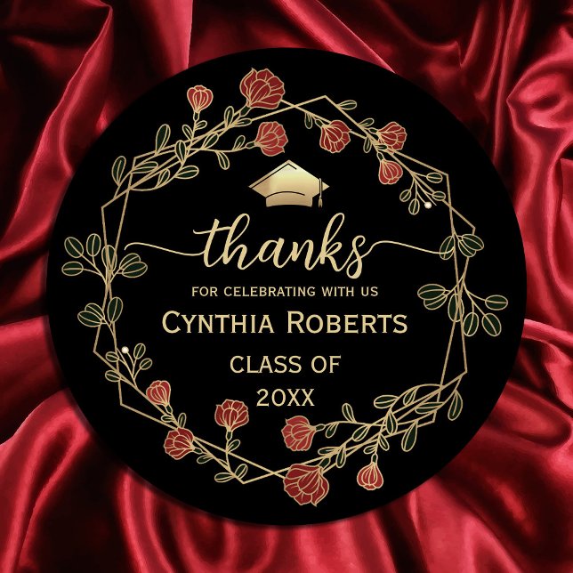 Pegatina Redonda Graduación Gracias Floral de oro rojo ("Golden gratitude blooms! 🎓✨ Our round frame red and gold flower thank you stickers #glamour )