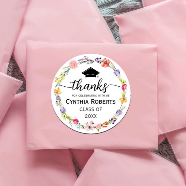 Pegatina Redonda Graduación Gracias Primavera De Flor Silvestre (watercolor flowers in shades of pink and purple, yellow in rustic garden greenery. #graduationparty)
