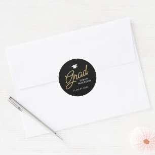 Pegatina Redonda Graduación Grad Modern Script Black and Gold