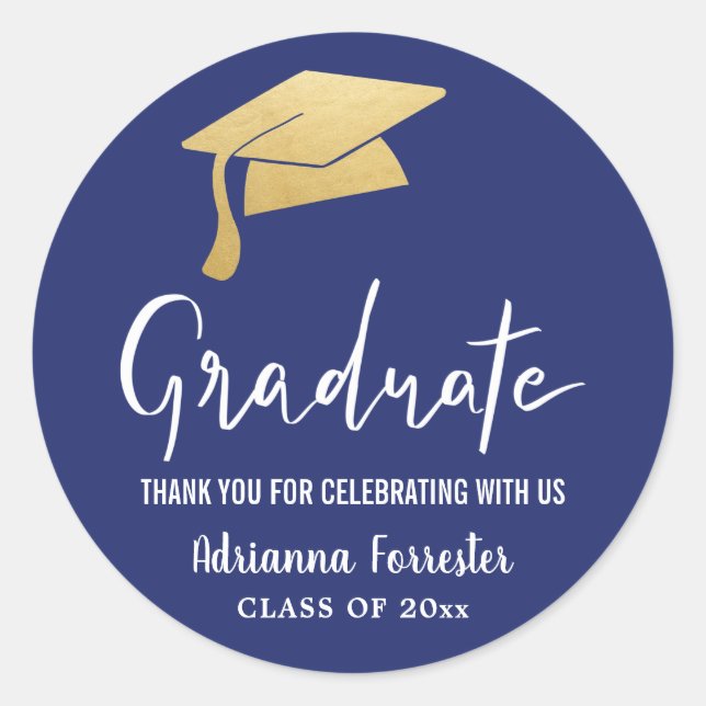 Pegatina Redonda Graduación Hat Faux Gold Foil Gracias Navy Blue (Anverso)
