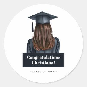 Pegatina Redonda Graduación moderna personalizada Graduada mujer