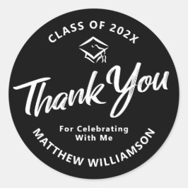 Pegatina Redonda Graduación Negra negrita White Script Cap Gracias