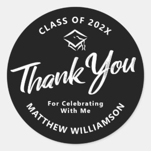 Pegatina Redonda Graduación Negra negrita White Script Cap Gracias