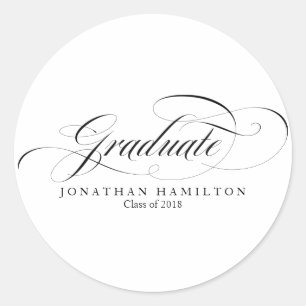 Pegatina Redonda Graduación Negro y Blanco Elegante Escritura Gradu