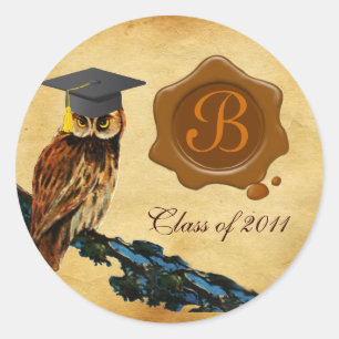 PEGATINA REDONDA GRADUACIÓN OWL PARCHMENT BROWN WAX SEAL MONOGRAM
