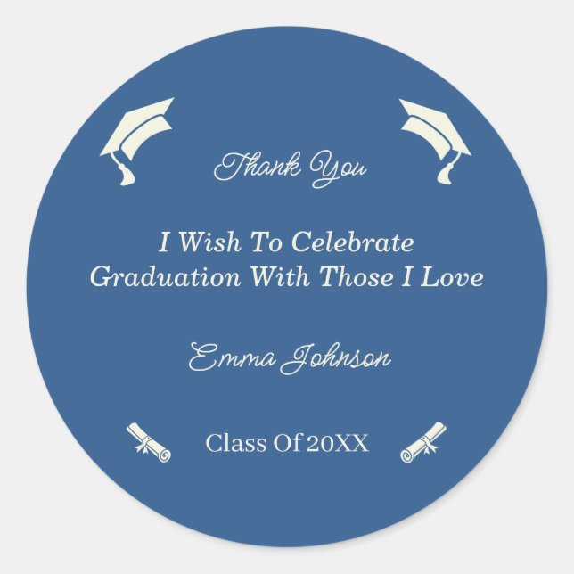 Pegatina Redonda Graduación Personalizada Simple De Beige Y Azul (Anverso)