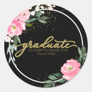 Pegatina Redonda Graduación Rosa Caliente Floral Fiesta de Graduaci