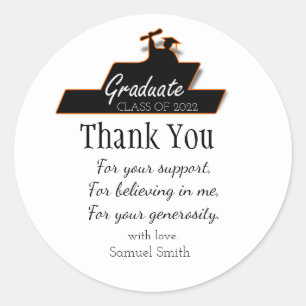 Pegatina Redonda Graduación Script Black & White Scroll Gracias