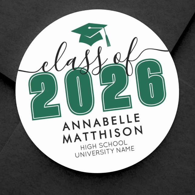 Pegatina Redonda Graduación Verde (Graduate Class Of 2026 Green Graduation Classic Round Sticker)