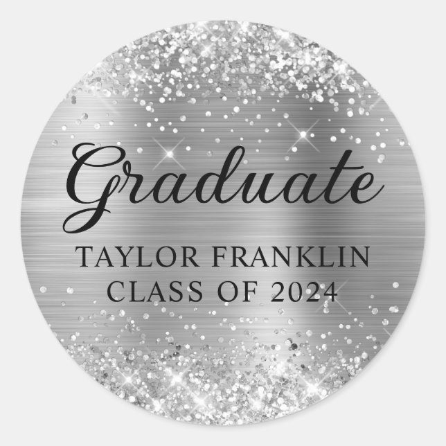 Pegatina Redonda Graduada Glittery Silver Clase de 2024 (Anverso)