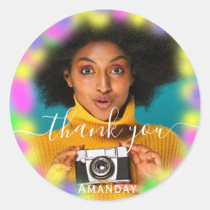 Pegatina Redonda Graduada Holográfica Fiesta Neon Rosa Agradecer