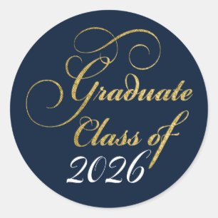 Pegatina Redonda Graduado 2024 Elegante Oro Azul Agradecimiento Fie