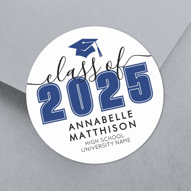 Pegatina Redonda Graduado De Graduación Azul De 2025 (Graduate Class Of 2025 Blue Graduation Classic Round Sticker)