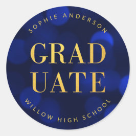 Pegatina Redonda Graduado de oro de Sapphire Blue Bokeh Faux