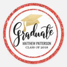 Pegatina Redonda Graduado | Faux Gold Foil Hat Faux Red Glitter