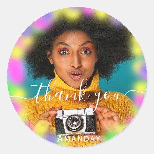 Pegatina Redonda Graduado Holográfico Fiesta Neon Rosa Gracias Foto (Anverso)