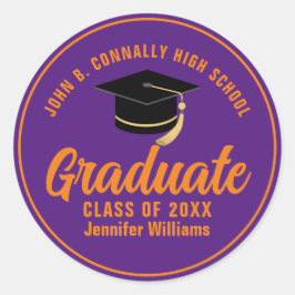 Pegatina Redonda Graduado Personalizado  de Graduado Naranja Púrpur