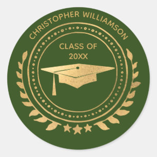 Pegatina Redonda Graduado personalizado Monograma Green Gold Classi