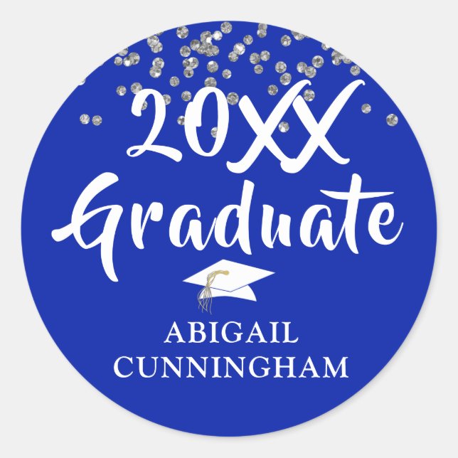 Pegatina Redonda Graduado Royal Blue Confetti Brush Mano Letter (Anverso)