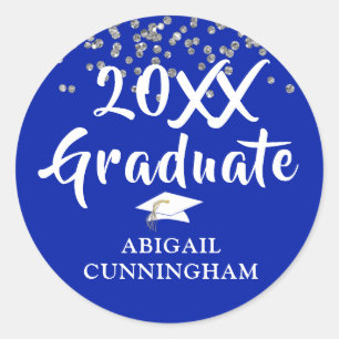 Pegatina Redonda Graduado Royal Blue Confetti Brush Mano Letter
