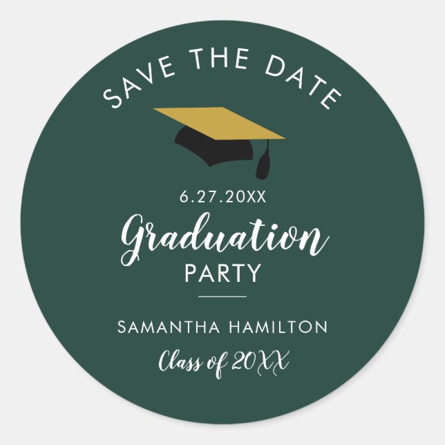 Pegatina Redonda Graduate 2026 Save the Date Grad Party Green (Anverso)