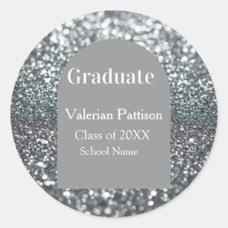 Pegatina Redonda Graduate silver gray glitter arch shape name year