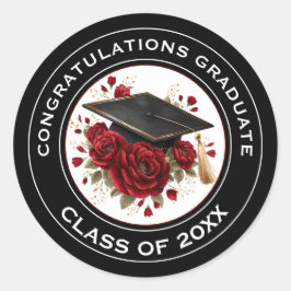 Pegatina Redonda Graduation Cap & Red Roses Class of 20XX