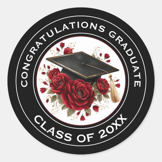 Pegatina Redonda Graduation Cap & Red Roses Class of 20XX  (Anverso)