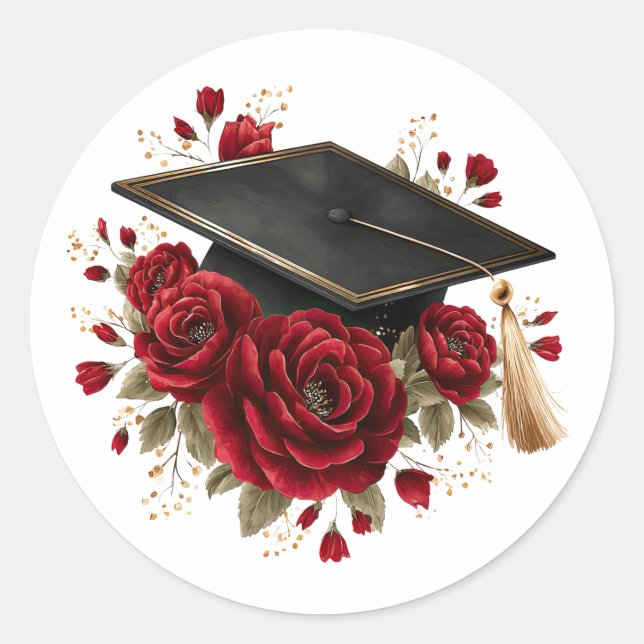 Pegatina Redonda Graduation Cap with Red Roses Celebration Design (Anverso)