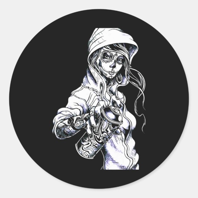 Pegatina Redonda Graffiti Tag Skeleton Ghetto Chica (Anverso)
