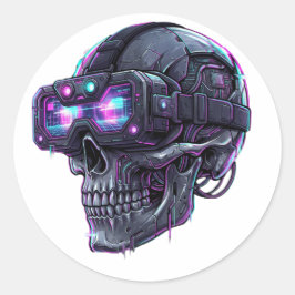 Pegatina Redonda Gráfica de cráneo gamer de neón Cyberpunk VR con f