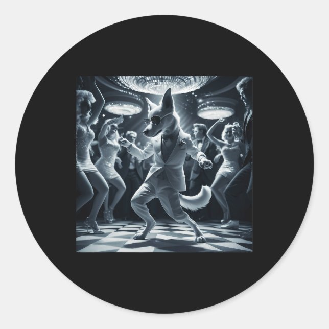 Pegatina Redonda Gráfica de perro divertida Tee Disco Dancing (Anverso)