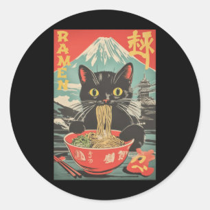 Pegatina Redonda Gráfica japonesa del gato satinado Ramen Anime