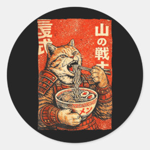 Pegatina Redonda Gráfica Ukiyo-E de Ramen de Gato Samurái Japonés V