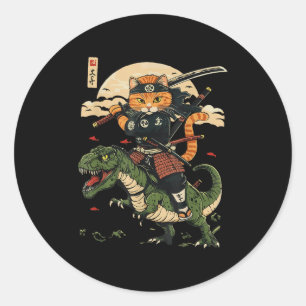 Pegatina Redonda Gráfico de arte japonés de dinosaurios de gato sam