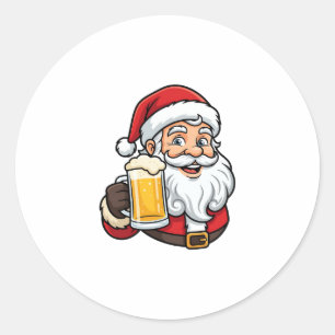Pegatina Redonda Gráfico de Navidad de Papá Noel bebiendo cerveza