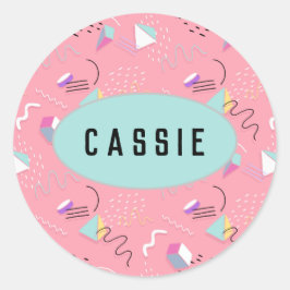 Pegatina Redonda Gráficos de retroceso de 1990 color rosa divertido