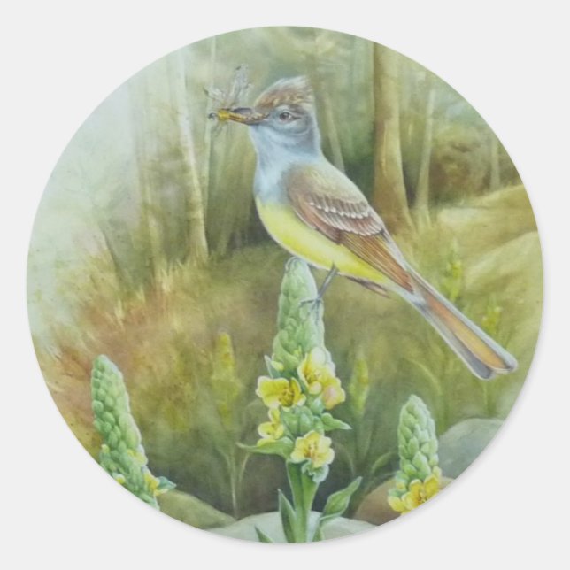 Pegatina Redonda Gran Creste Flycatcher Bird Watercolor Art (Anverso)
