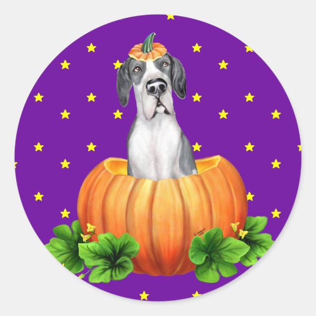 Pegatina Redonda Gran Dane Halloween Mantle UC Dane-O-Lantern (Anverso)