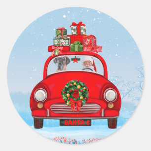 Pegatina Redonda Gran Danés en Coche con Papá Noel