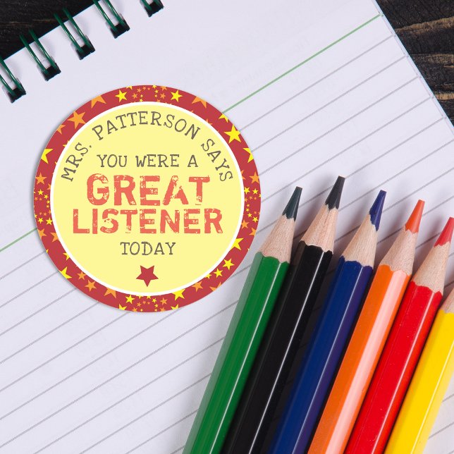 Pegatina Redonda Gran escucha | Maestros personalizados (Great Listener | Personalized Teachers Classic Round Sticker)