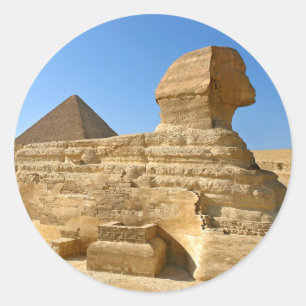 Pegatina Redonda Gran Esfinge de Giza con pirámide de Khafre - Egip