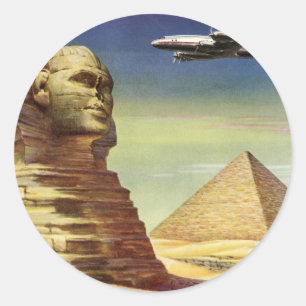 Pegatina Redonda Gran Esfinge de Giza vintage, pirámides de Egipto