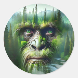 Pegatina Redonda Gran exposición Sasquatch doble con bosque