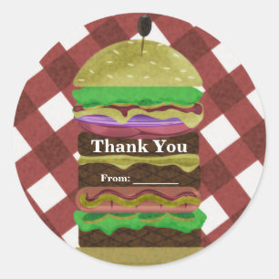 Pegatina Redonda Gran Greasy Hamburger verano Cocina BBQ Rojo Fiest