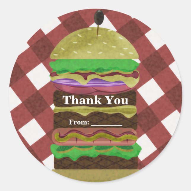 Pegatina Redonda Gran Greasy Hamburger verano Cocina BBQ Rojo Fiest (Anverso)
