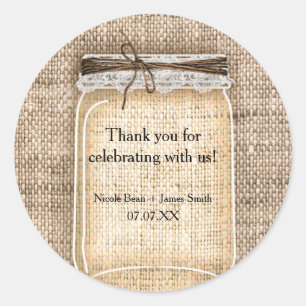 Pegatina Redonda Gran Jar Mason con Boda Rústico Burlap & Lace