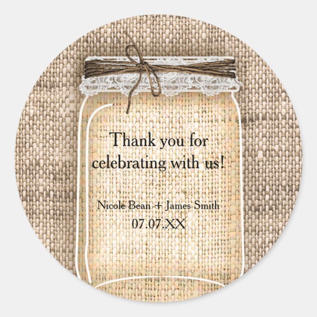 Pegatina Redonda Gran Jar Mason con Boda Rústico Burlap & Lace (Anverso)